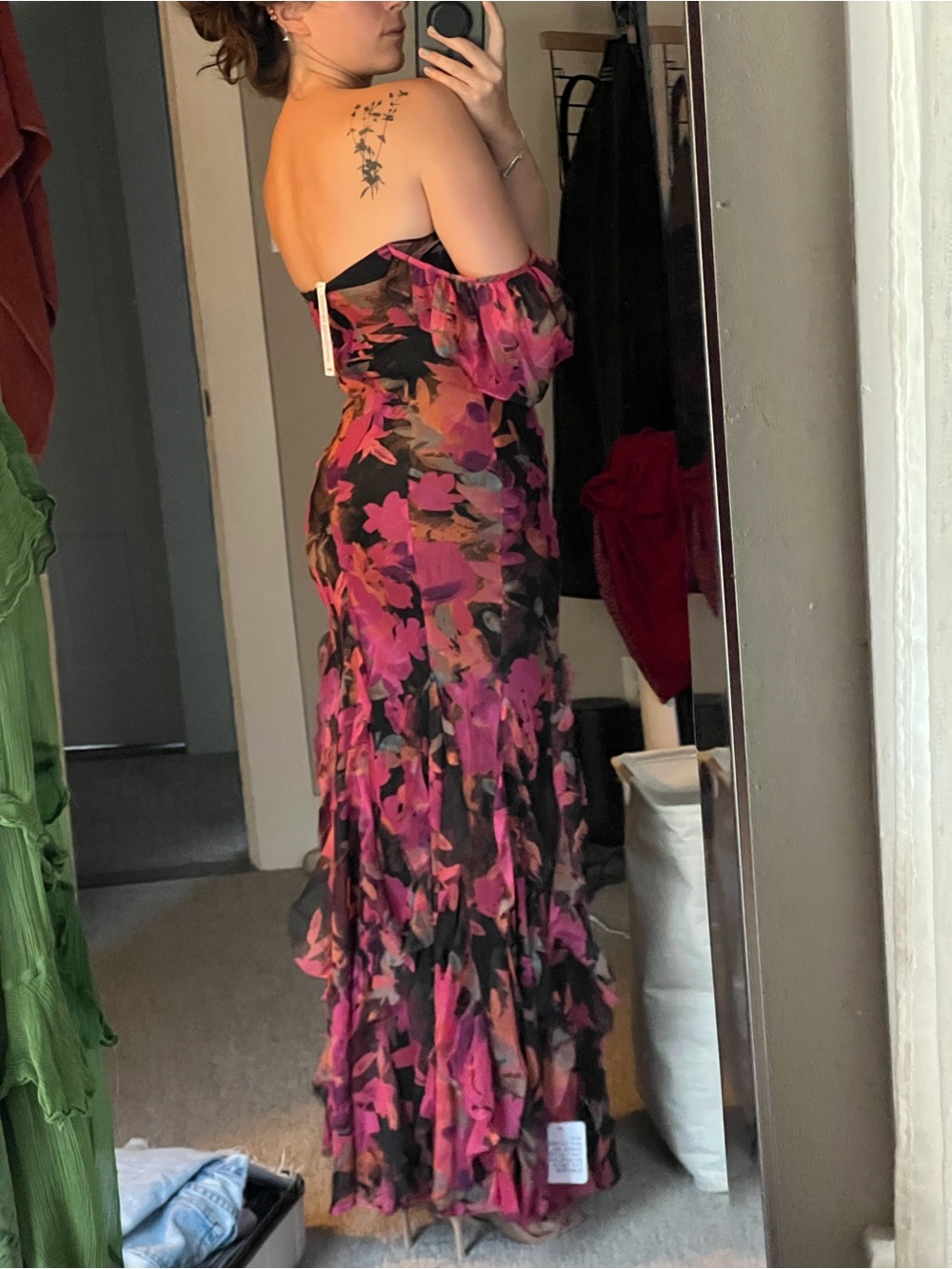 ASOS NWT Off-Shoulder Black Floral Evening Dress with Pink Accents - Picture 2 of 7